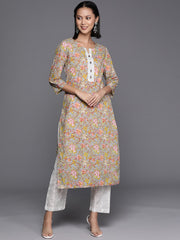 Women Grey And Green Floral Printed Straight Kurta With Printed Trouser