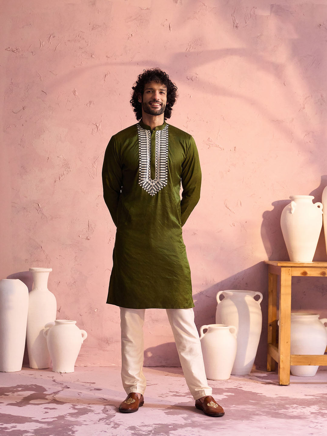 Men's Mehendi Green Moonga Silk Kurta