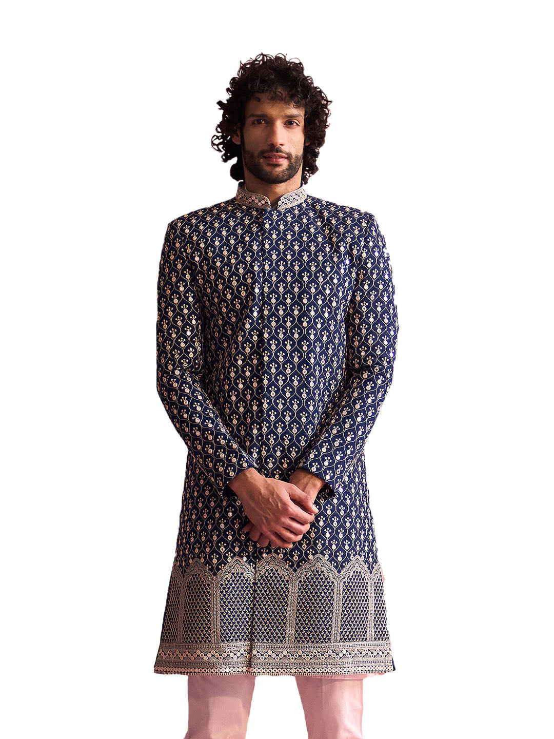 Men's Navy Blue And Pink Georgette Sherwani Only Top