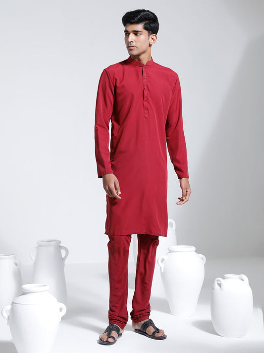 Men's Maroon Crepe Kurta And Pyjama