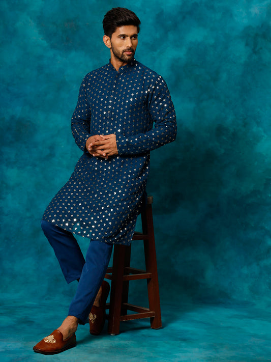 Men's Navy Blue Georgette Kurta Pyjama Set