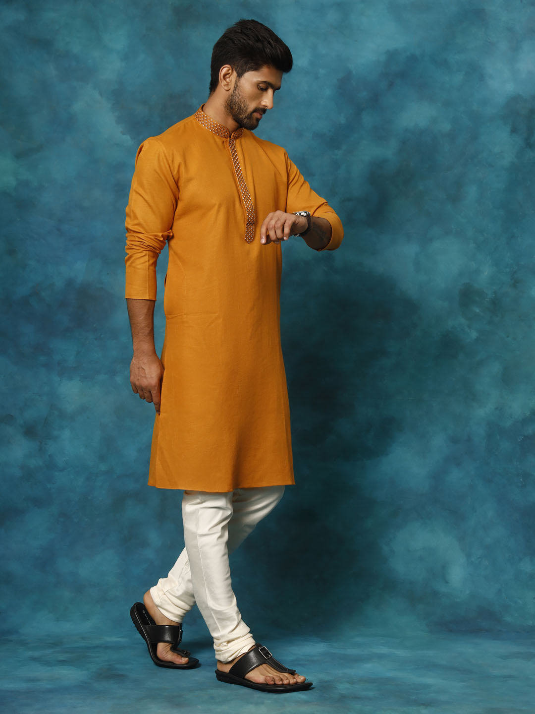 Men's Rust And Cream Cotton Blend Kurta Pyjama Set