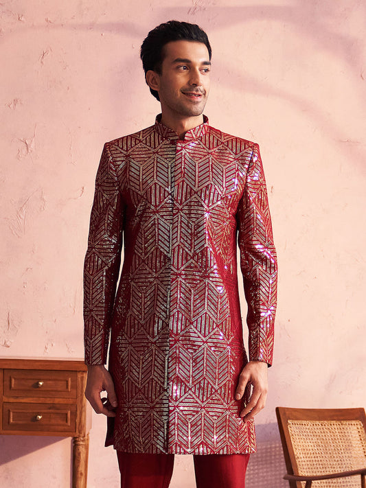 Men's Maroon Georgette Sherwani Only Top