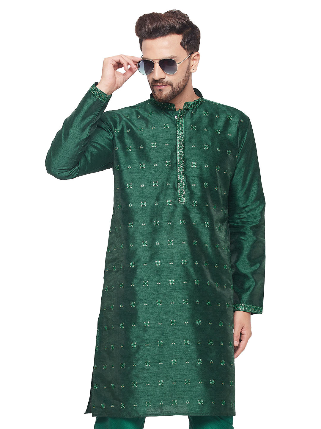 Men Green Silk Blend Kurta