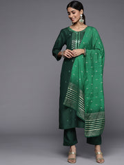 green embroidered kurta paired with straight bottom and embroidered dupatta