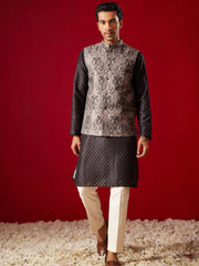 Men's Black Cotton Silk Jacket, Kurta and Pyjama Set