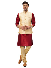 Men's Maroon And Gold Silk Blend Jacket, Kurta and Pyjama Set