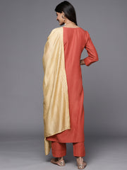 women rust embroidered kurta set paired with dupatta