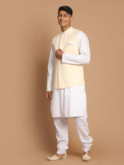 Men's Cream And White Pure Cotton Jacket, Kurta and Pyjama Set