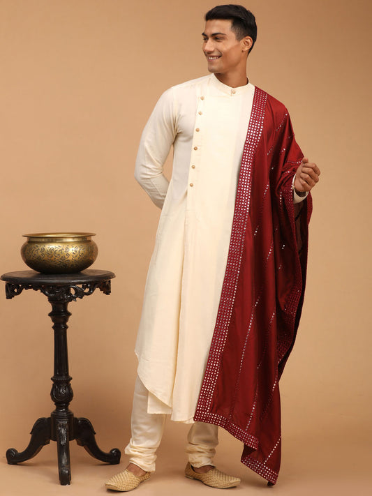 Men's Cream Viscose Blend Kurta Pyjama Set With Dupatta