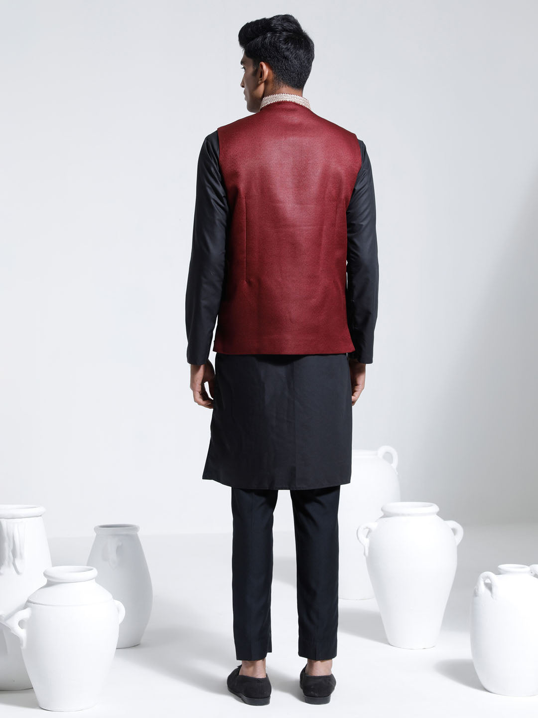 Men's Maroon And Black Cotton Silk Jacket, Kurta and Pyjama Set