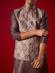 Men's Wine Cotton Silk Jacket, Kurta and Pyjama Set