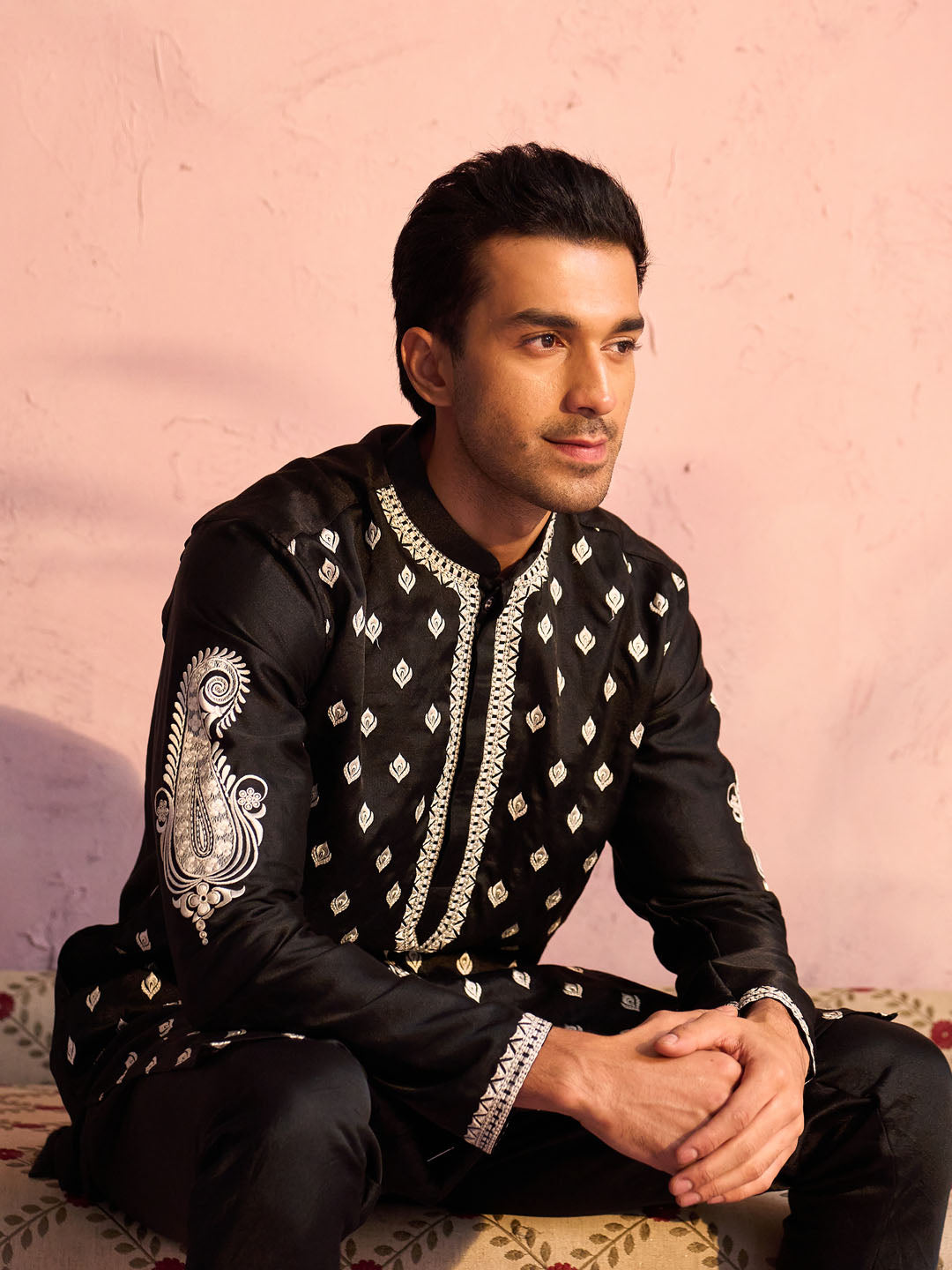 Men's Black Moonga Silk Kurta Pyjama Set