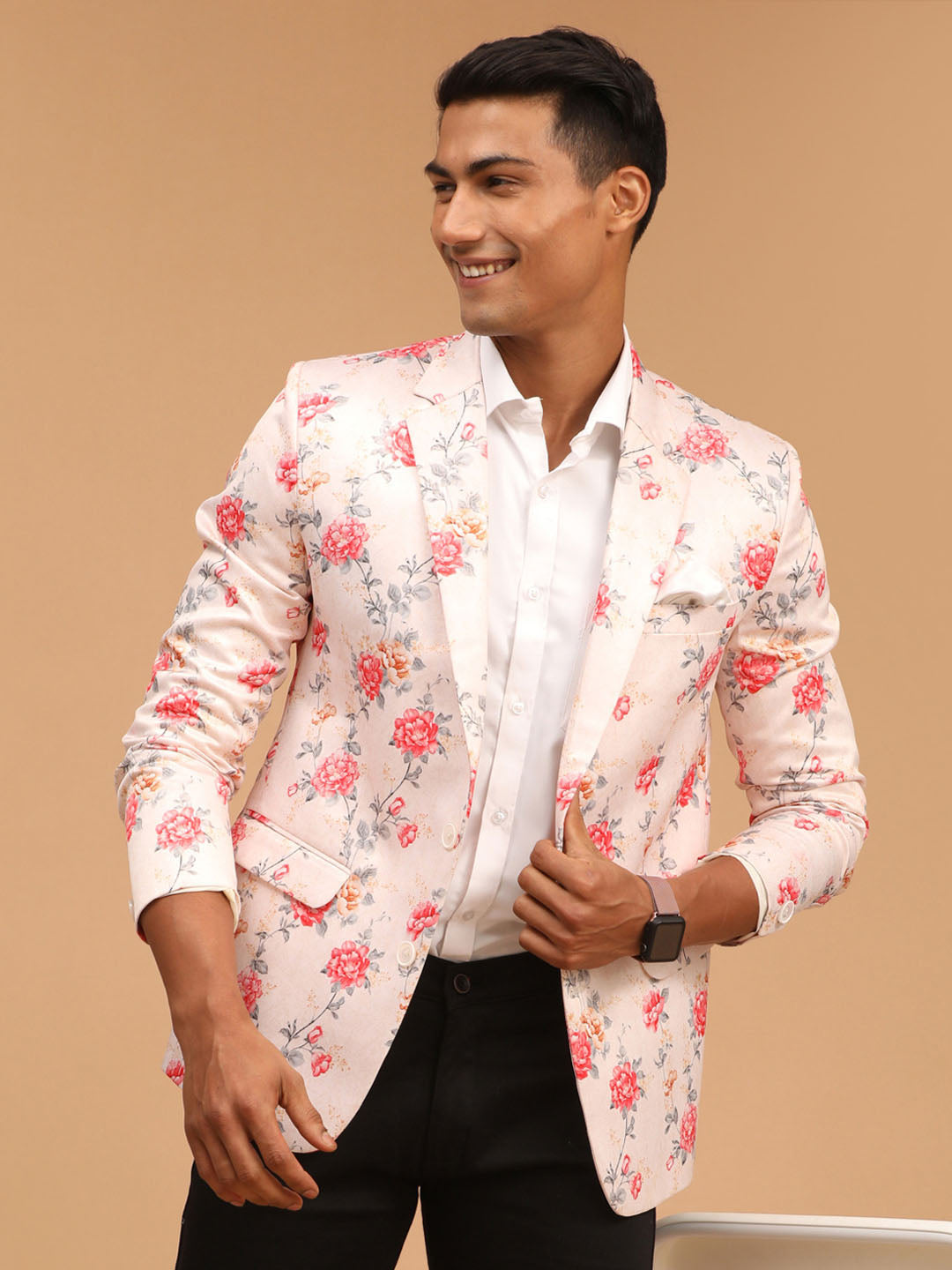 Men's Peach Printed Satin Twill Blazer