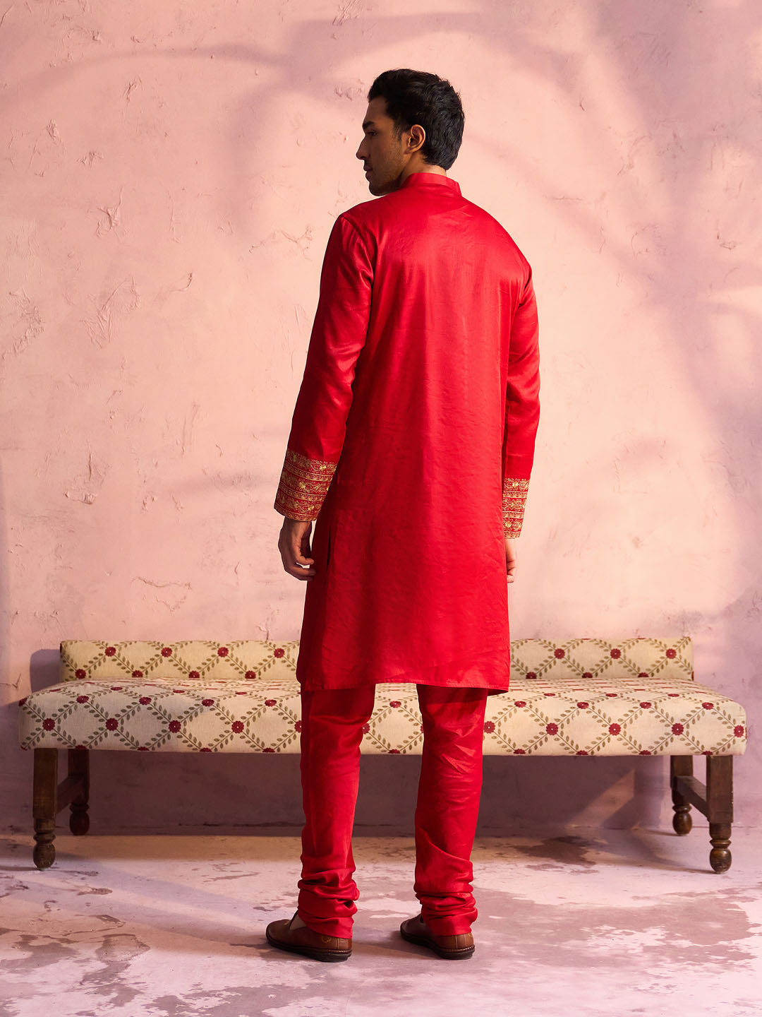 Men's Red And Cream Moonga Silk Kurta Pyjama Set