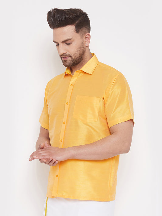 Men's Yellow Silk Blend Ethnic Shirt