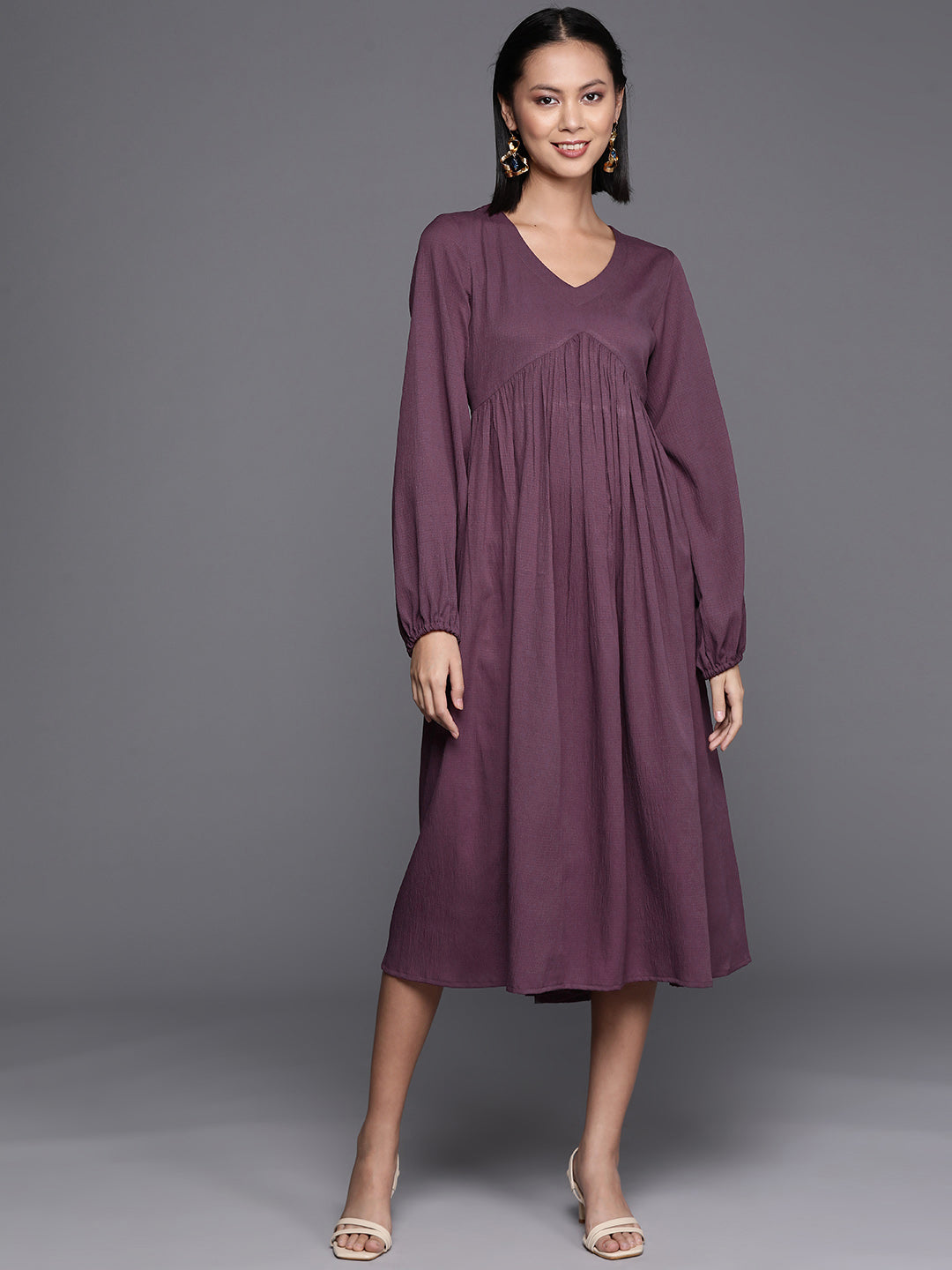 Varanga Women Mauve V-Neck, Bishop Sleeves, Gathered Details  Calf Length A-Line Dress, Flared Hem