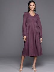 Varanga Women Mauve V-Neck, Bishop Sleeves, Gathered Details  Calf Length A-Line Dress, Flared Hem