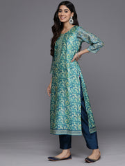 Women Blue Floral Printed Kurta, Round Neck Straight Kurta Paired With Tonal Bottom And Printed Dupatta.