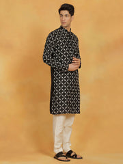 Men's Black And Cream Cotton Blend Kurta And Pyjama Set