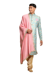 Men's Aqua, Pink And Gold Silk Blend Sherwani Set