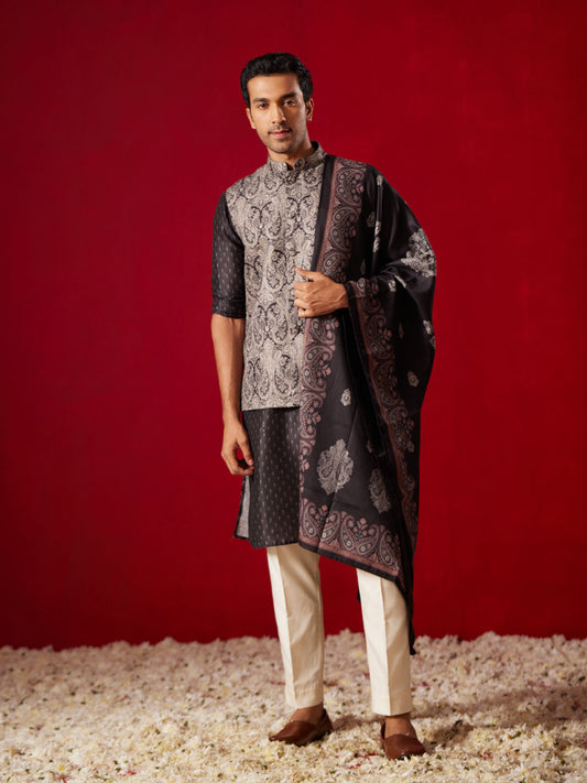 Men's Black Cotton Silk Jacket, Kurta, Pyjama and Dupatta Set