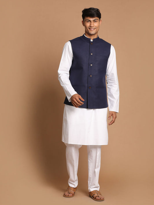 Men's Navy Blue And White Pure Cotton Jacket, Kurta and Pyjama Set