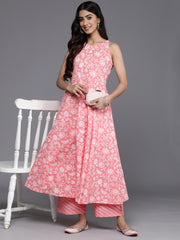 Women Peach And White Floral Printed Anarkali Kurta Paired With Tonal Bottom