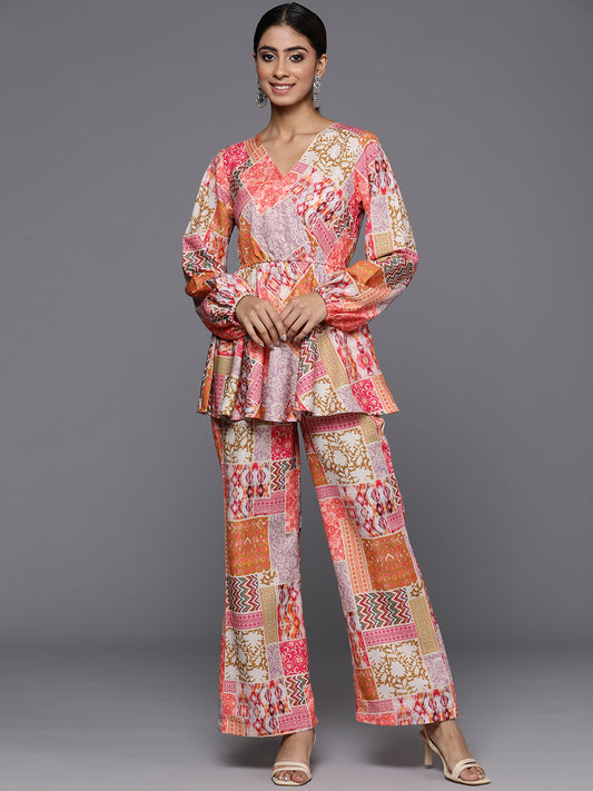 Women Multi Abstract Printed V-Neck Angrakha Style Top Paired With Tonal Printed Flared Bottom