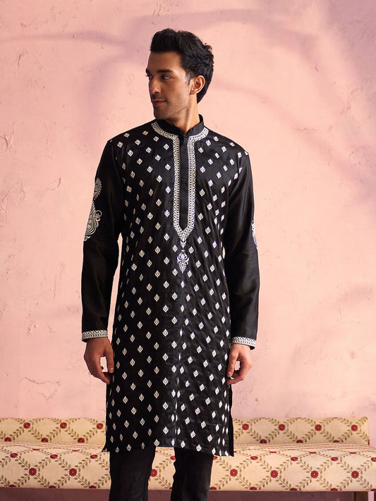 Men's Black Moonga Silk Kurta