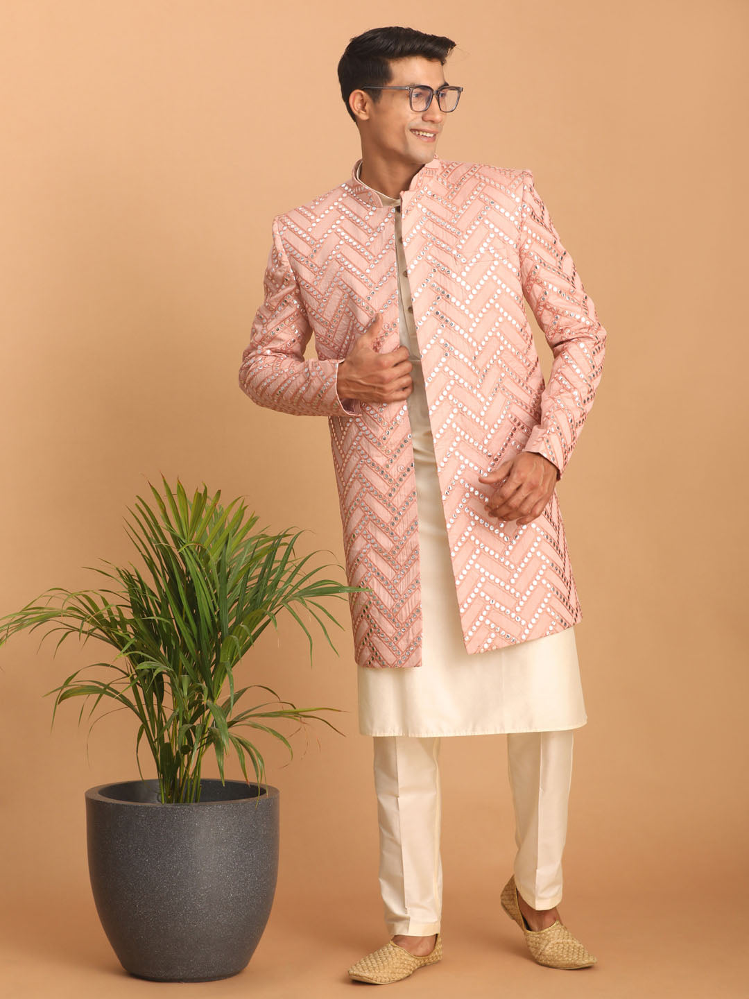 Men's Pink And Cream Silk Blend Ethnic Combo Set