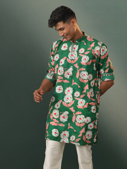 Men's Green Cotton Blend Kurta