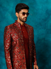 Men's Red Viscose Sherwani Set