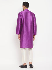 Men's Purple And Cream Silk Blend Kurta Pyjama Set