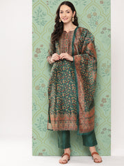 Women Green Ethnic Motif Printed Round Neck Yoke Straight Kurta Paired With Tonal Solid Bottom And Printed Dupatta