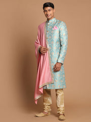 Men's Aqua, Pink And Gold Silk Blend Sherwani Set