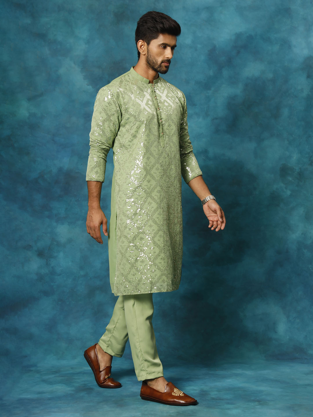 Men's Mint Green Georgette Kurta Pyjama Set