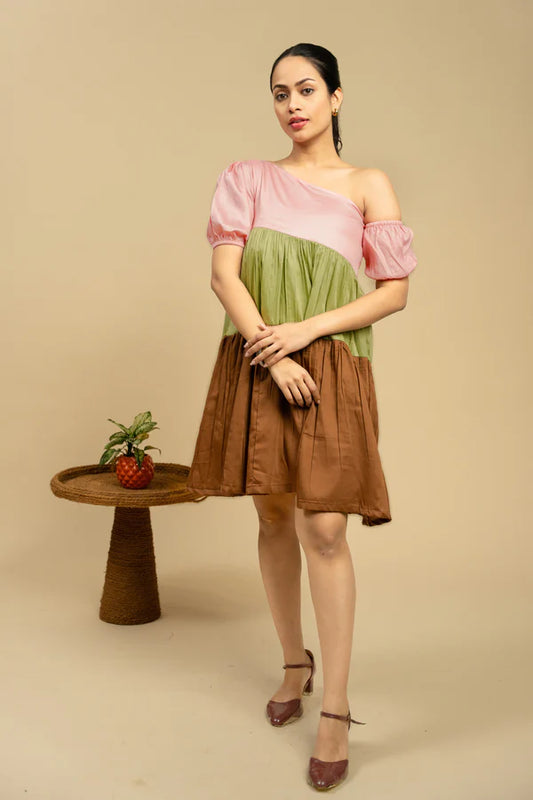 Women Pink, Green, And Brown Color Block 3 Tier Cotton Silk Short Flair Dress