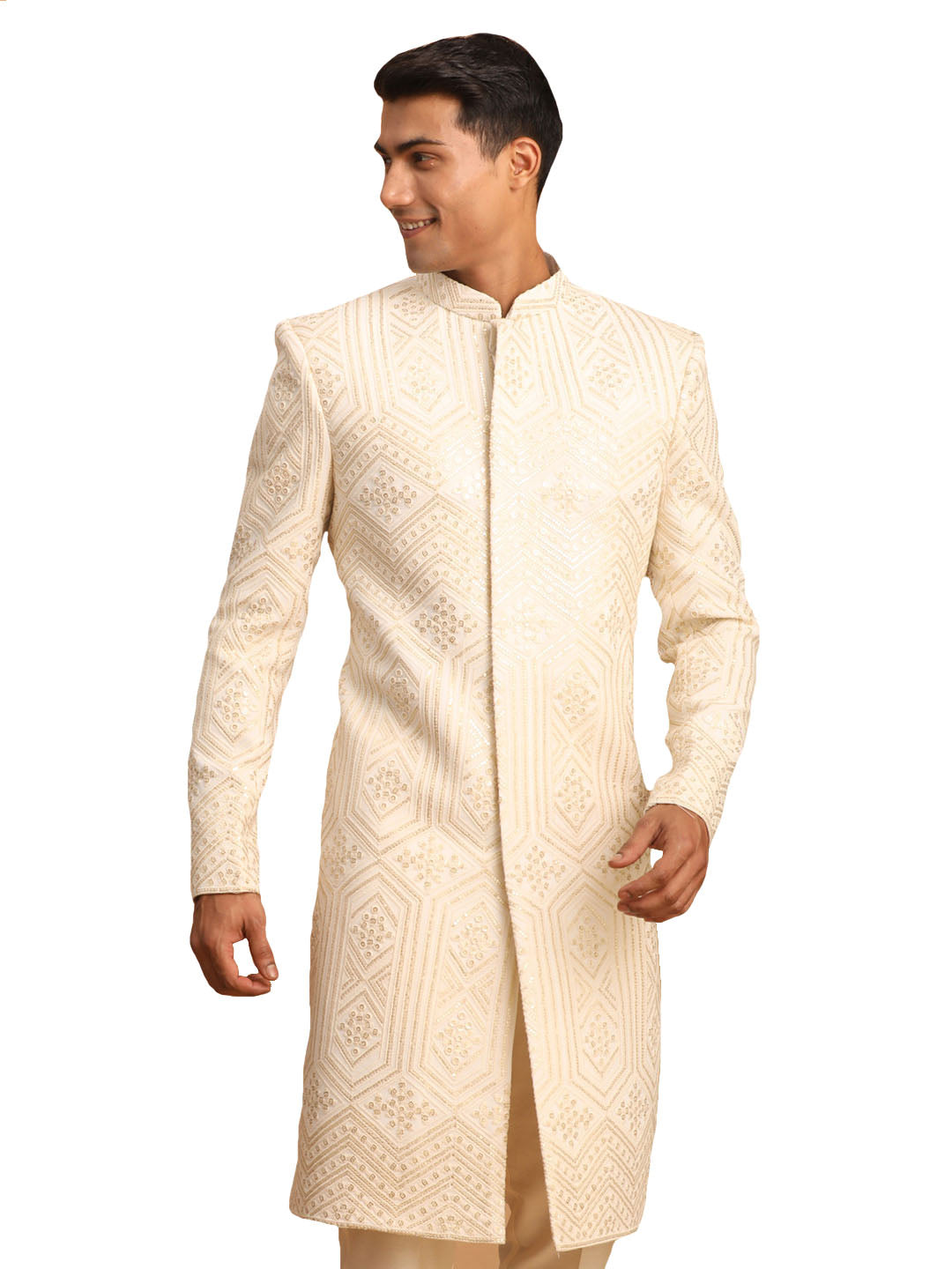 Men's Cream Cotton Blend Sherwani Only Top