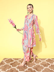 Women Multi Colour Abstract Printed Angrakha Style Kurta Paired With Tonal Printed Bottom