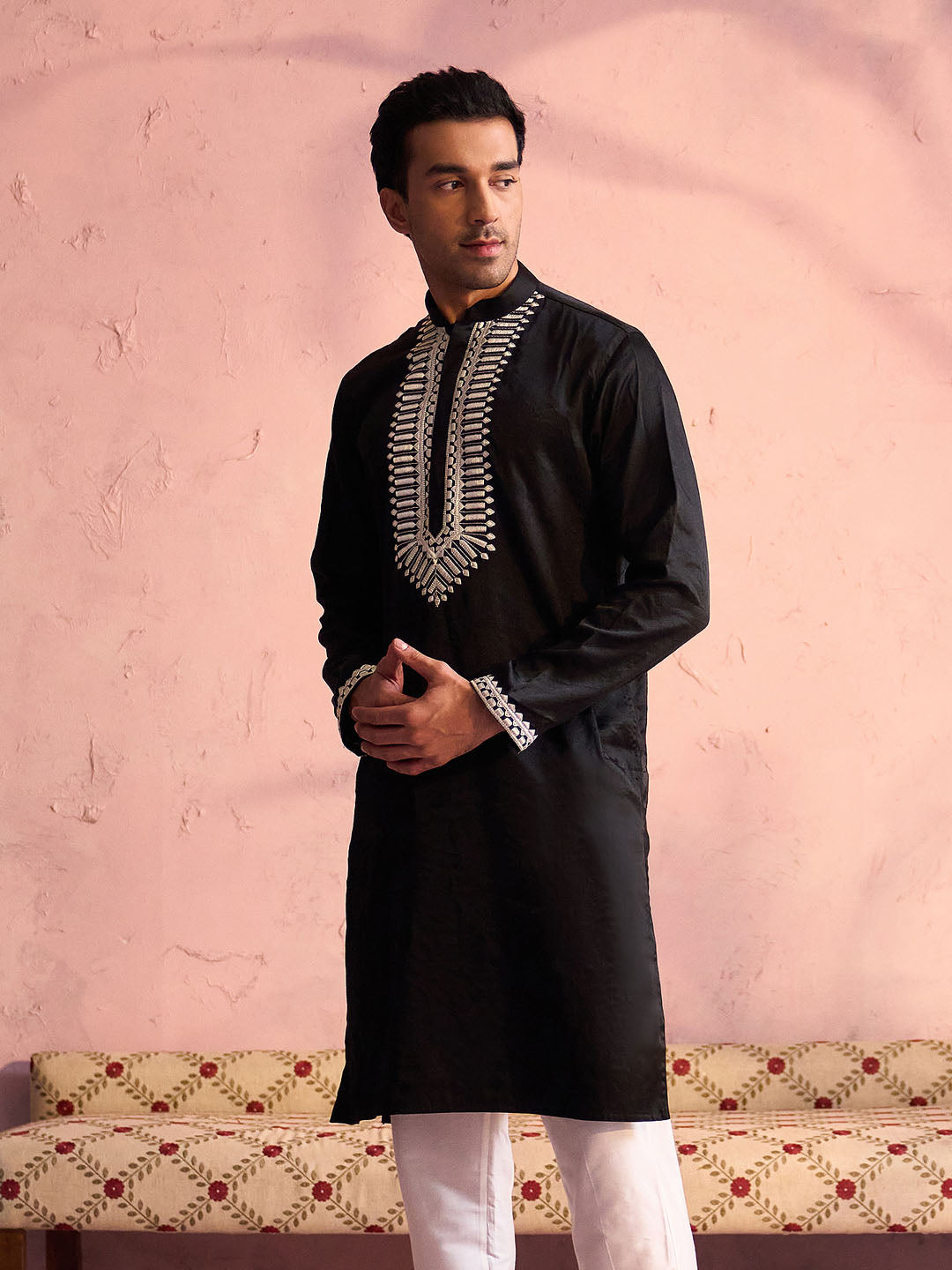 Men's Black Moonga Silk Kurta