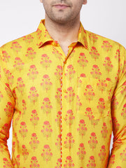 Men's Multicolor-Base-Mustard Muslin Ethnic Shirt