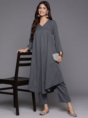 Women Grey Empire Gathered Details A-Line Tunic Paired With Tonal Bottom