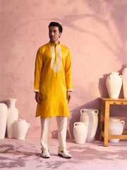 Men's Yellow And Cream Moonga Silk Kurta Pyjama Set