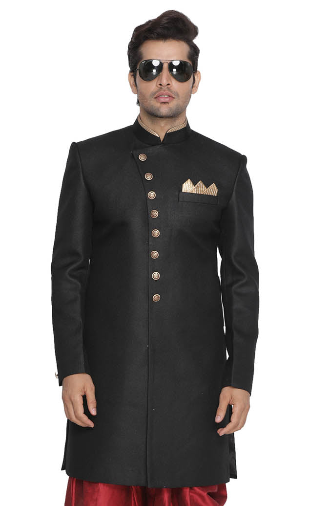 Men's Black Polyester Lurex Blend Sherwani Only Top