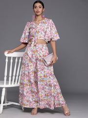 Women Grey Floral Printed Flared Sleeves, Front Open With Tie Up Details Crop Top Paired With Flared Bottom