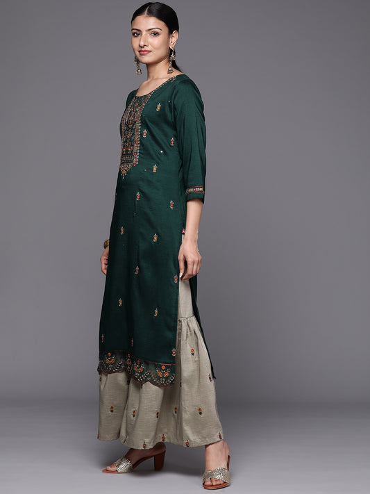 Women Green Three Quater Sleeve Embroidered Kurta Paired With Sharara And Dupatta