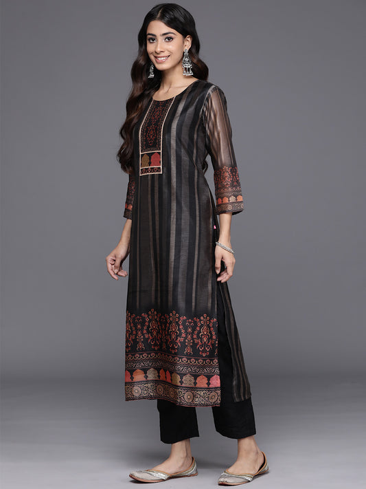 Women Black Ethnic Motifs Printed Straight Kurta Paired With Tonal Solid Bottom And Printed Dupatta