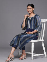 Kalini Women Navy Blue Printed Straight Kurta With Lace Detailed Paired With Tonal Bottom