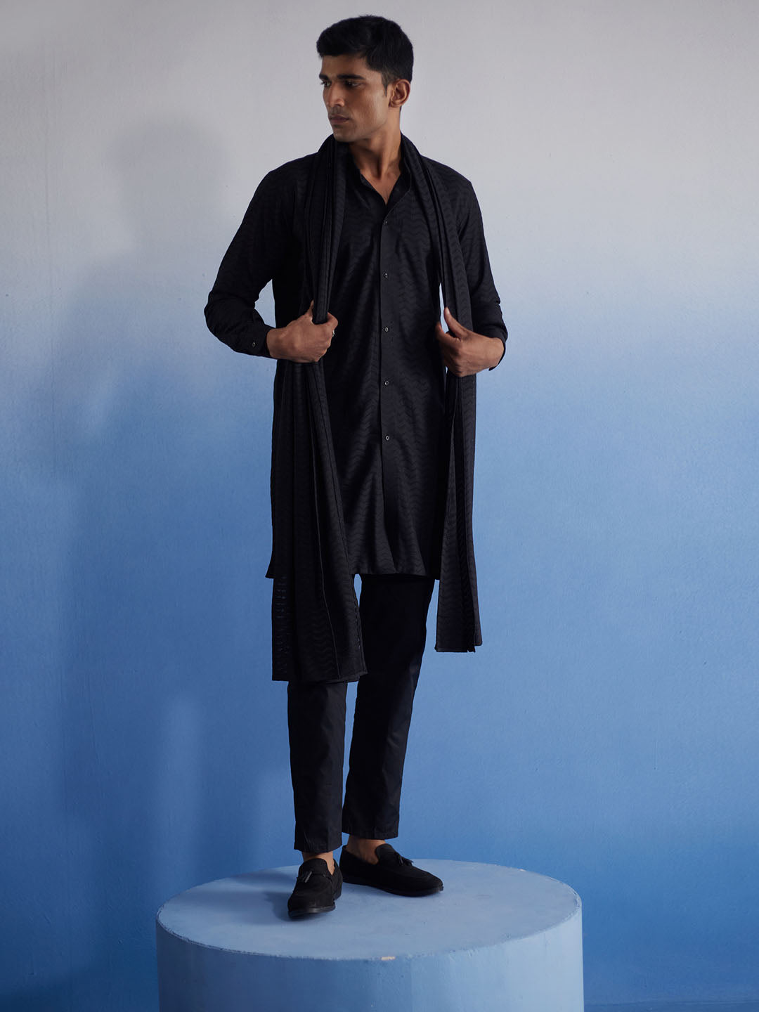 Men's Black Net Kurta, Pyjama & Dupatta Set